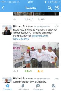 Tweet from Richard Branson congratulating us